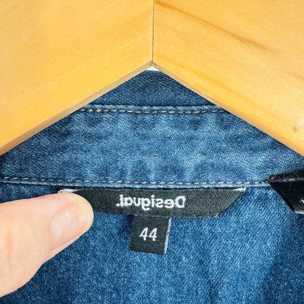 Desigual Denim Shirt Dress Embroidered Studded Belted Midi Western Size 44 Artsy - Picture 3 of 10